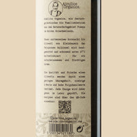 Aimilios Organics 500ml Bio Olivenöl closeup foto rechts vom Etikett auf Kraftpapierbraunem Hintergrund
