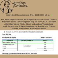 Aimilios Organics Bio Olivenöl aus der Peloponnes in Griechenland und die Laboranalysen, Olivenöl extra nativ mit niedrigem Säuregehalt
