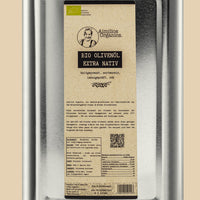Aimilios Organics 3L Kanister Olivenöl closeup foto vom Etikett auf Kraftpapierbraunem Hintergrund