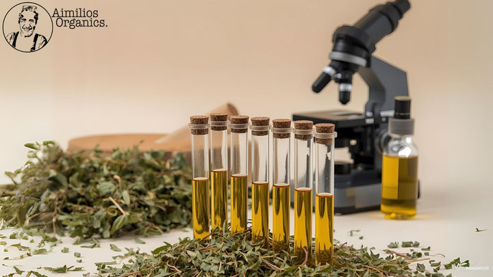Oregano Öl, Oreganoöl Aimilios Organics, Reagenzglas, Mikroskop, Wissenschaft, Wirkung