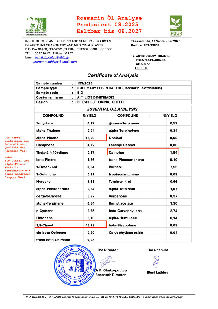 Aimilios Organics ätherisches Rosmarin Öl Laboranalyse