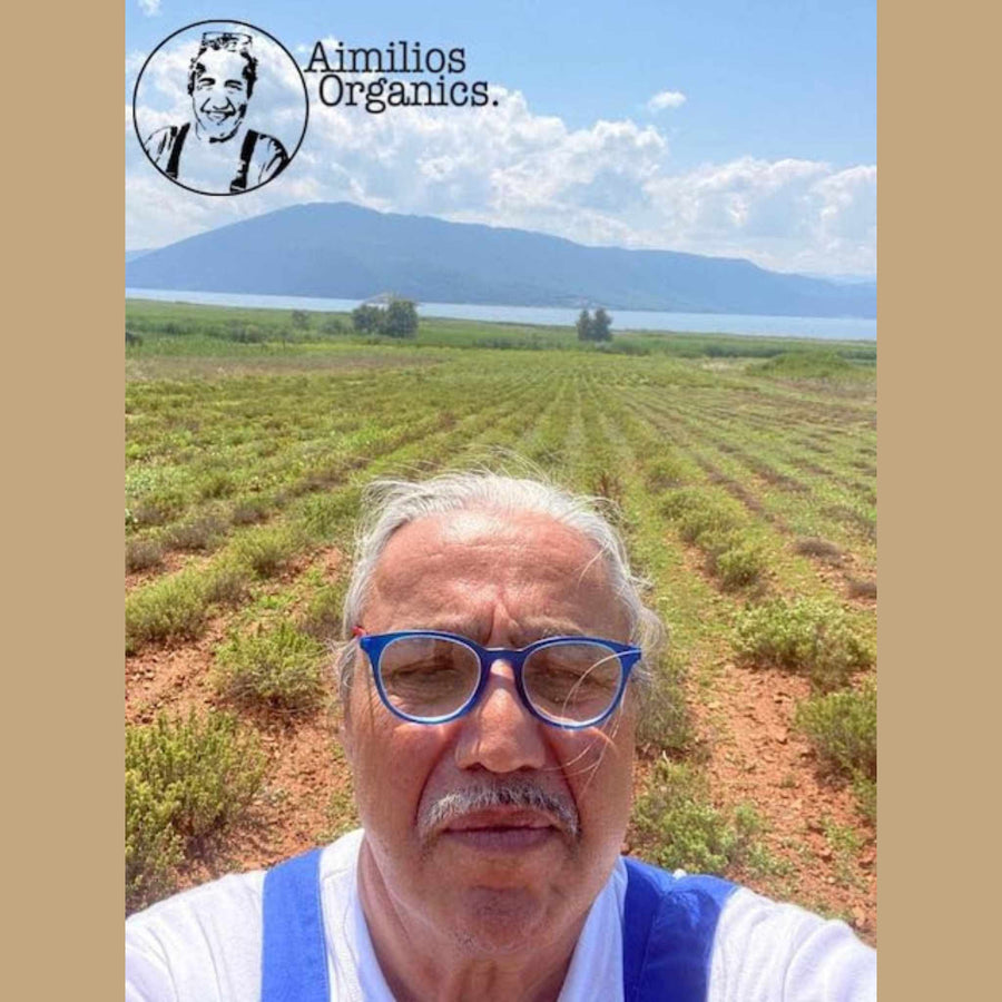Aimilios Organics Dimitriadis Selfie vor Bio Oregano Feld im Naturschutzgebiet Prespa
