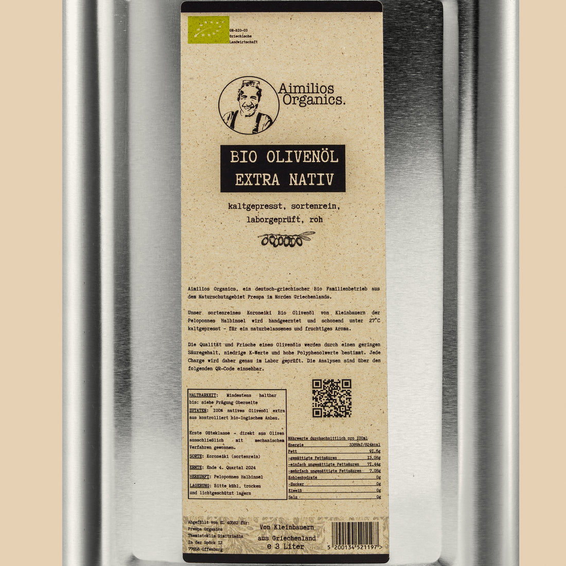 Aimilios Organics 3L Bio Olivenöl Kanister auf Kraftpapierbraunem Hintergrund, closeup Etikett