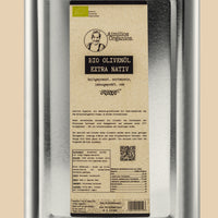 Aimilios Organics 3L Bio Olivenöl Kanister auf Kraftpapierbraunem Hintergrund, closeup Etikett