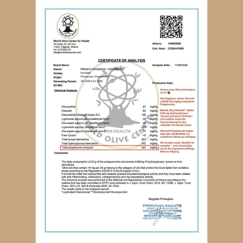 Aimilios Organics Bio Olivenöl aus der Peloponnes in Griechenland und die Laboranalysen, Olivenöl mit hohem Polyphenolgehalt 