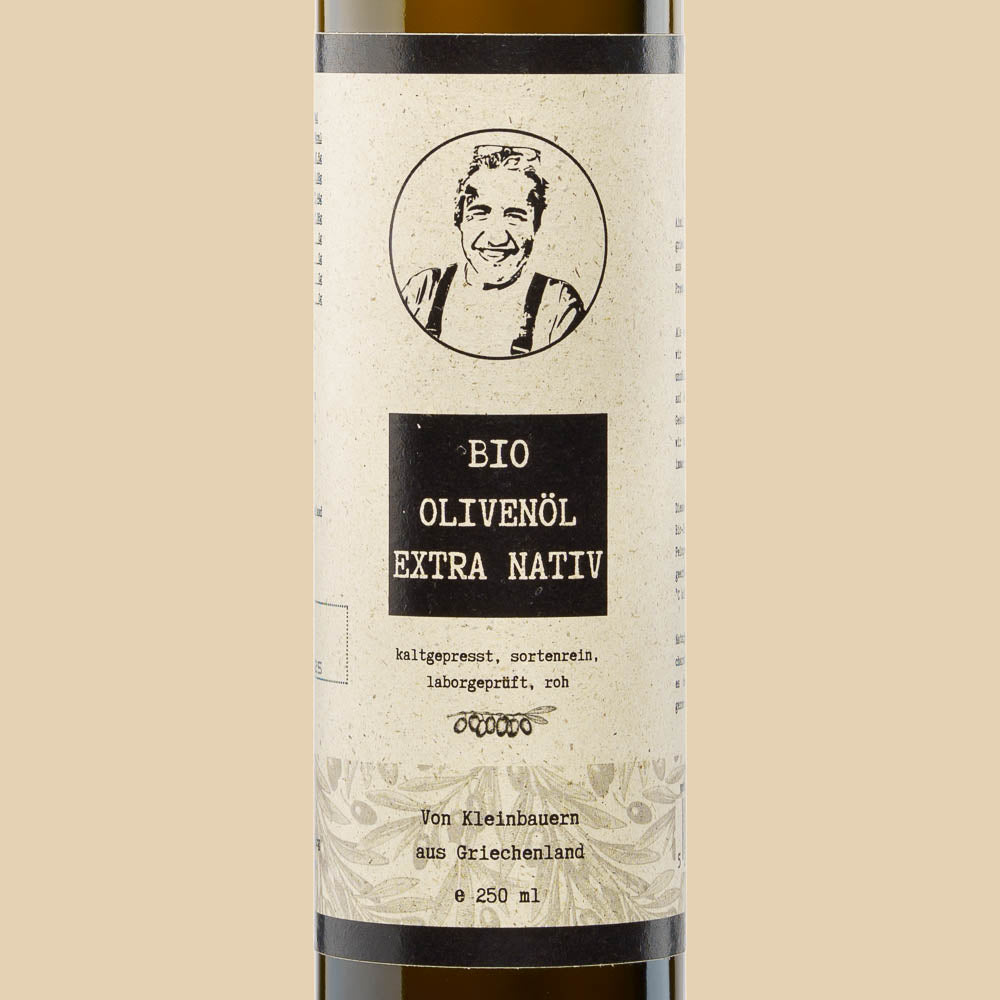 Aimilios Organics 250ml Bio Olivenöl sortenrein aus der Peloponnes in Griechenland Glasflasche auf braunem Hintergrund mit