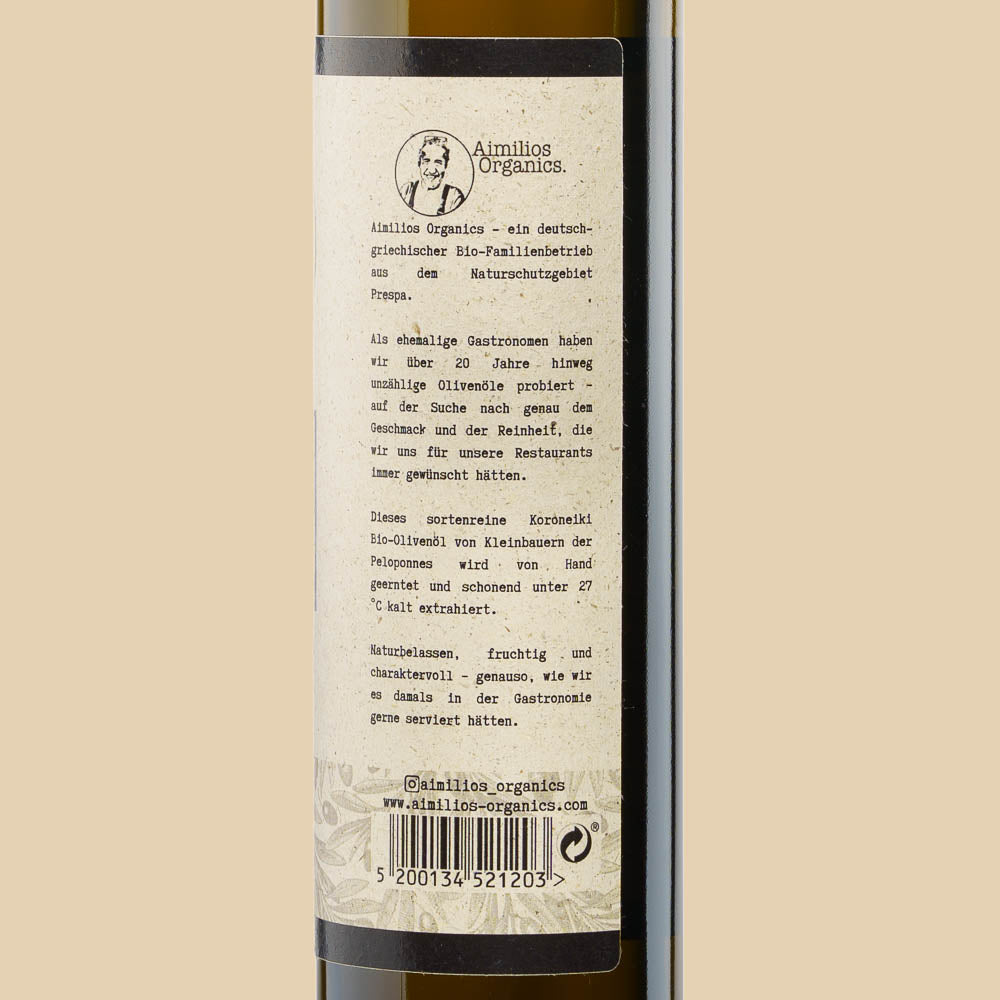 Aimilios Organics 250ml Bio Olivenöl sortenrein aus der Peloponnes in Griechenland Glasflasche auf braunem Hintergrund 