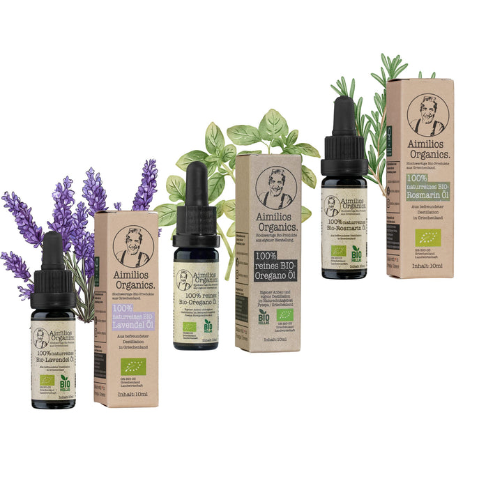 Aimilios Organics Ätherische Öle Paket mit Oregano Öl, Rosmarin Öl und Lavendel Öl