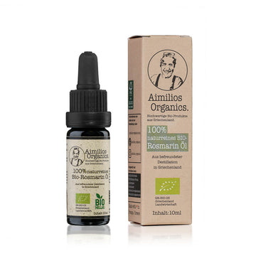 Aimilios Organics Bio Rosmarin Öl auf weißem Hintergrund