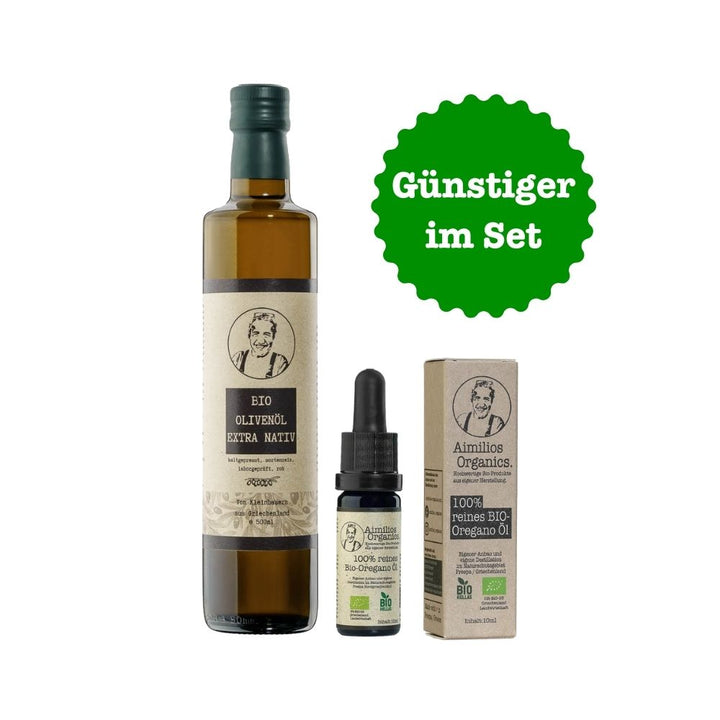 Aimilios Organics Bio Olivenöl Flasche und Bio Oregano Öl Flasche auf weissem Hintergrund mit Info in Grün