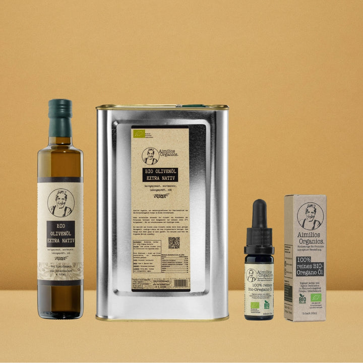 Aimilios Organics Sparpaket bild auf braunem Hintergrund, bestehend aus einer Flasche Olivenöl einem 3L Kanister Olivenöl und einer 10ml Flasche Oregano Öl mit Verpackung
