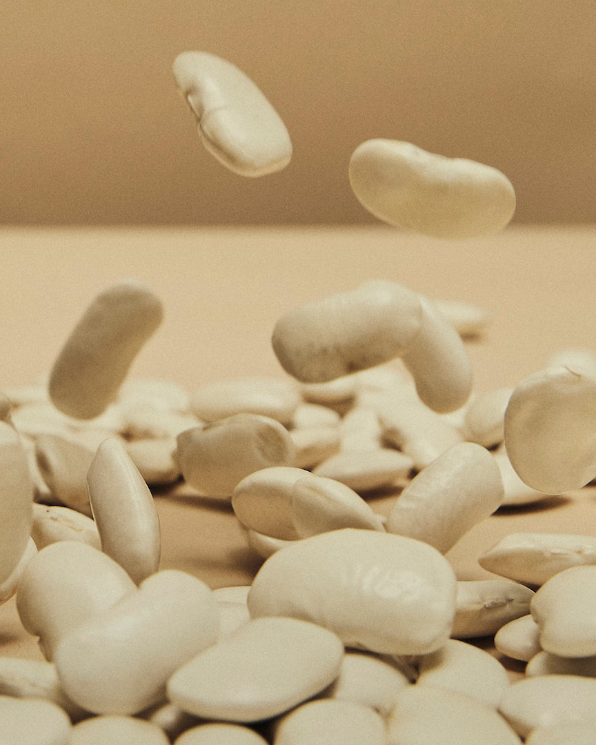 Aimilios Organics Weiße Bio-Riesenbohnen Nahaufnahme, Bohnen die vom oberen Bild auf den Boden fallen 