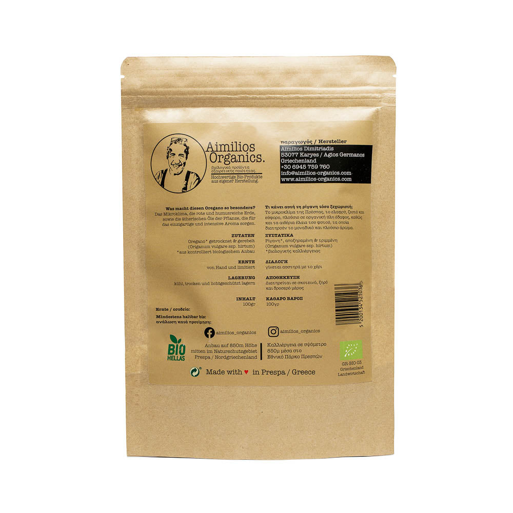 Bio Oregano im Nachfüllbeutel (100g) - Origanum vulgare spp. Hirtum - sehr intensiv - Premium Qualität - Aimilios Organics