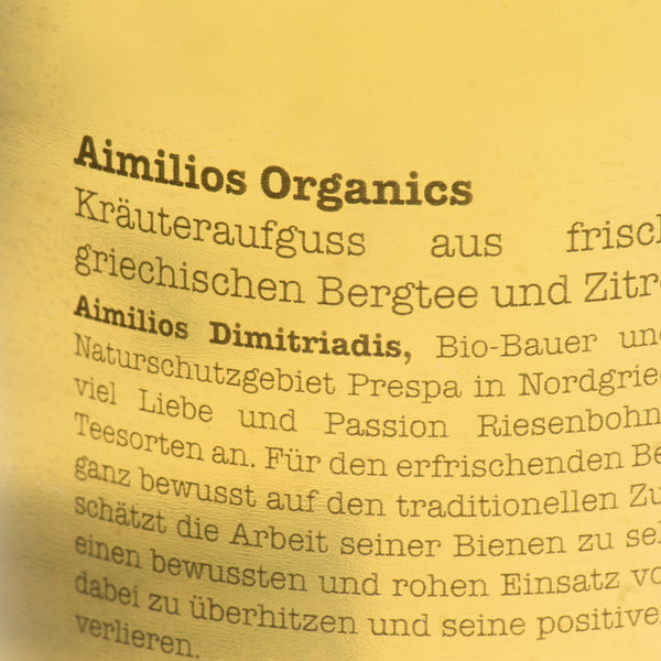 Aimilios Organics Bio-Bergeistee 330ml Einwegflasche Produktbild Rückseite vergrößert