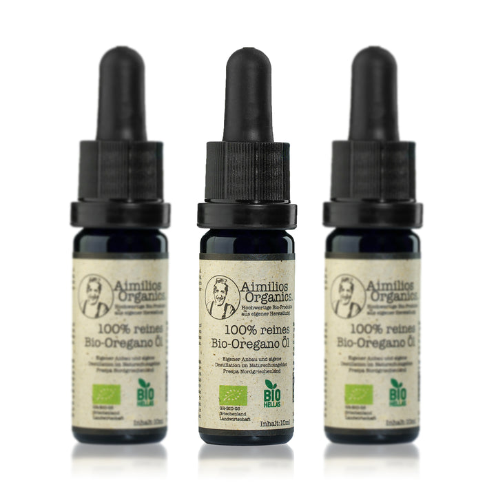 3er Pack: BIO Oregano Öl - 3 x 10ml Tropfflasche - reines Vollspektrumöl - 100% ätherisches Öl - Aimilios Organics